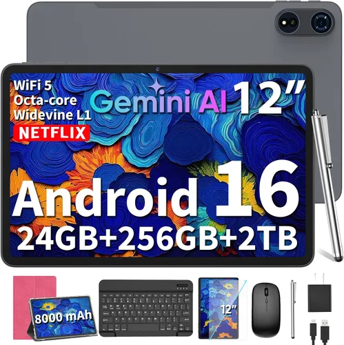 Vista 11 de Tablet grande de 12 pulgadas 2026, Android 16 con teclado, 24GB+256GB+2TB Expand, Tablets PC con 2K Gemini AI, 8000mAh, Octa-Core, 16+8MP, tabletas