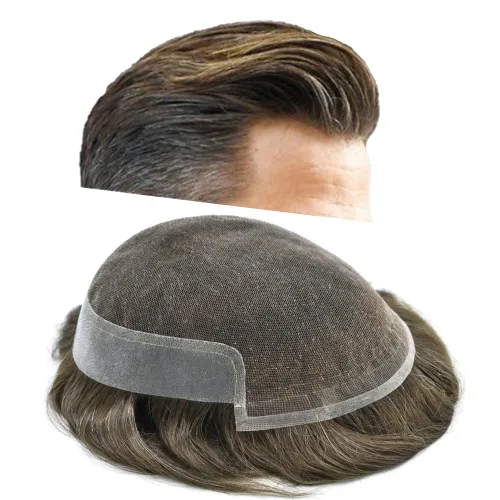 Vista 40 de Hombres Toupee Sistema de Cabello Humano Real para Hombres Encaje Suizo Toupee Para Hombres Nudos Blanqueados Hombres Hairpieces Pieza Para Hombres