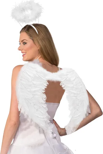 Vista 3 de Alas de ángel para niños y adultos, diadema con halo de plumas blancas, disfraz de ángel de hadas para fiesta, cosplay elegante para mujer