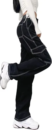 Vista 4 de ICNGLKSND Jeans holgados de cintura alta para mujer y niña, rectos, pierna ancha, pantalones de mezclilla Y2K, ropa de calle con bolsillos grandes