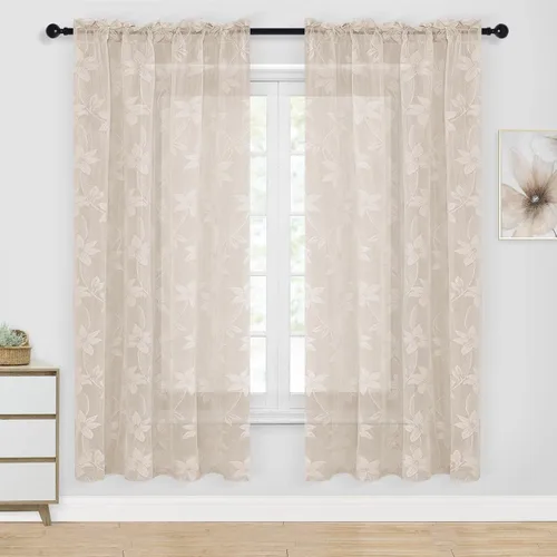 Vista 29 de DWCN Paquete de 2 cortinas traslúcidas pequeñas de encaje floral beige para cocina, cortinas traslúcidas ligeras con bolsillo para barra, cortinas