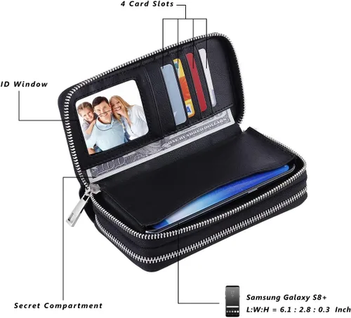 Vista 5 de Cartera de teléfono celular para mujer con doble cremallera y correa de muñeca extraíble