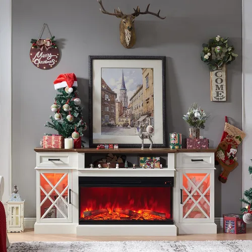 Vista 2 de OKD - Mueble de TV de estilo granja con chimenea, soporte de centro de entretenimiento de 70" con chimenea eléctrica de vidrio de 3 lados de 36