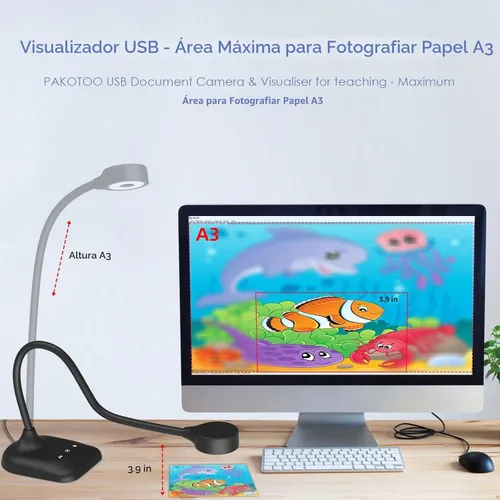 Vista 6 de Cámara de documentos USB para profesores, cámara web/doc para aula con formato A3, luces LED de 3 niveles, inversor de imagen, plegable, micrófono