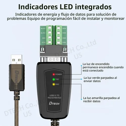 Vista 2 de DTECH Adaptador USB a serie RS422 RS485 R232 a cable USB (interfaz 3 en 1) soporta CC 5V con placa de ruptura luces LED para dispositivos de control