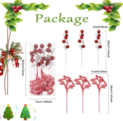Vista 3 de 6 piezas de adornos para árbol de Navidad, varillas de lana rojas y blancas con lentejuelas y esferas colgantes para árbol de Navidad, adornos