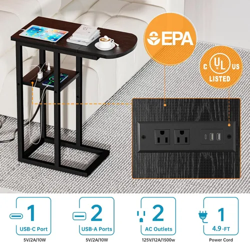 Vista 4 de eiskah Mesa auxiliar de mesa C con estación de carga, mesa auxiliar en forma de C para sala de estar, dormitorio, mesa para computadora portátil
