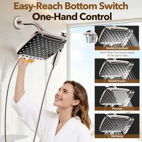 Vista 2 de JDO High Pressure Rain Shower Head with Handheld Spray Brushed Nickel 7 Modes Dual Shower Head, 10-inch Rainfall Showerheads Combo, Detachable
