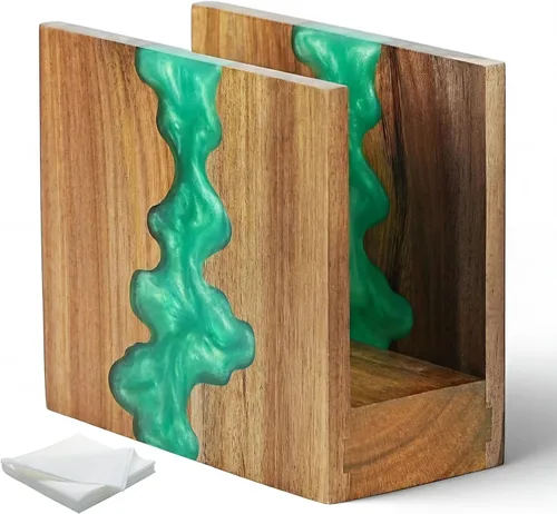 Vista 9 de Servilletero artístico, madera de acacia y resina epoxi azul con patrón de ondas oceánicas, base antideslizante gruesa para encimera de cocina
