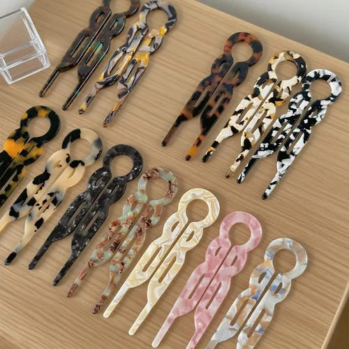 Vista 3 de 4 horquillas francesas en forma de U para mujer, pinzas de acetato para cabello grueso, fino y fino, pasadores decorativos para moño en negro