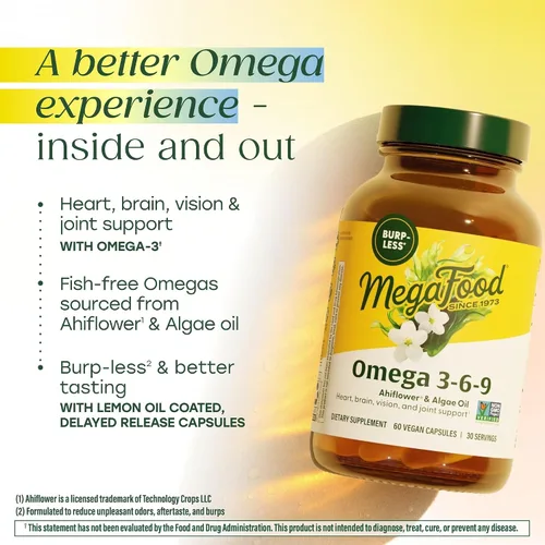Vista 3 de MegaFood Suplemento vegano Omega 3 6 9 sin eructos - 600 mg de Omega 3 a base de plantas y 150 mg de DHA por porción - Soporte para corazón