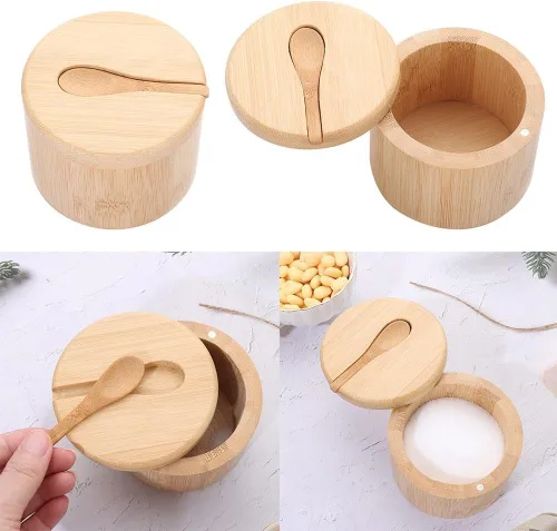 Vista 5 de Bamboo Big Dipper - Bodega de sal grande con cuchara y tapa giratoria magnética, caja de almacenamiento de 10 onzas