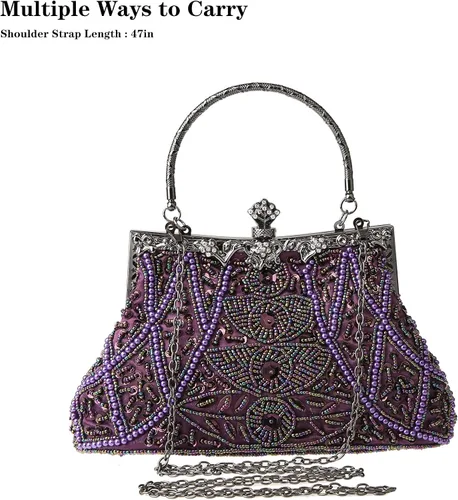 Vista 7 de DA BODAN Bolso de noche para mujer estilo vintage con cuentas y lentejuelas y perlas bolso de hombro para boda novia fiesta de graduación