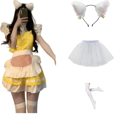 Vista 2 de Delantal de sirvienta amarillo de anime, vestido de Lolita, disfraz de cosplay, sombreros, calcetines con dobladillo de falda para mujeres y niñas