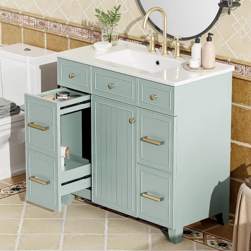 Vista 6 de LUMISOL Tocador de baño de 36 pulgadas con fregadero, tocador de baño de madera maciza con 3 cajones y armario agitador, gabinete de lavabo