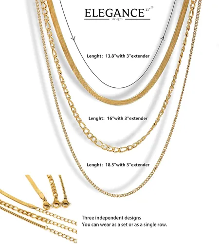 Vista 2 de Elegance 11 designs Cadena Figaro chapada en oro real de 14 quilates, sin deslustre, cadena de espiga en capas de acero inoxidable, cadena