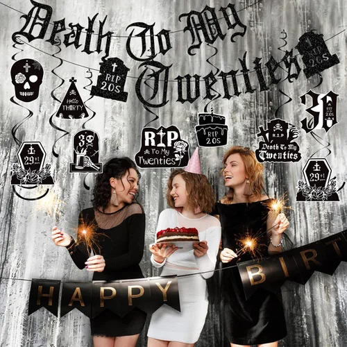 Vista 5 de Decoraciones de Death to My 20 – 14 piezas negras para decoración de fiesta de cumpleaños de 30 años, pancarta colgante de remolinos rasgados a mis