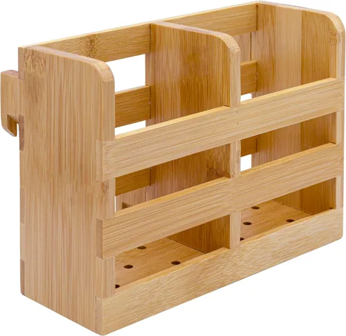 Vista 6 de Porta Utensilios de Bambú para Escurridor de Platos - Organizador para Cubiertos y Utensilios con Ganchos - Compatible con Escurridores de Platos
