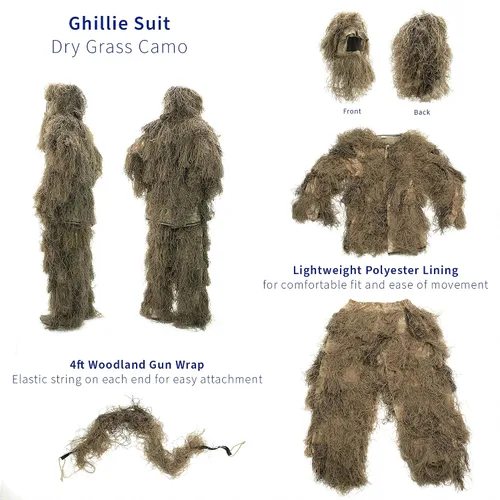 Vista 3 de VIVO Trajes Ghillie, tamaños para adultos y jóvenes, estilos de camuflaje de hierba seca, hojas y bosques