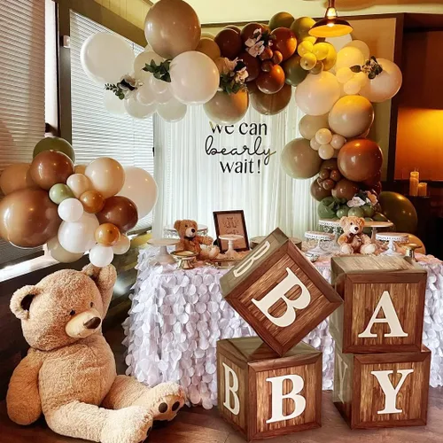 Vista 5 de Cajas de exhibición para baby shower con impresión de veta de madera para decoraciones de fiesta, telón de fondo neutro para fiesta de revelación