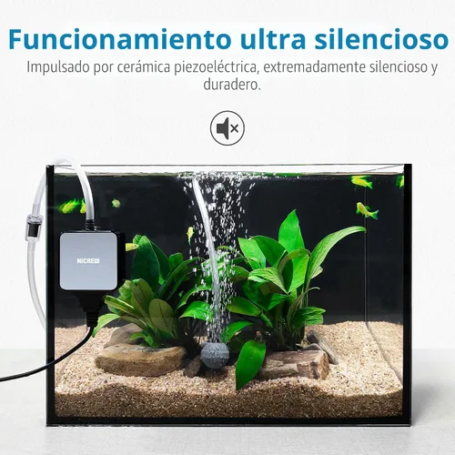 Vista 2 de NICREW Nano Silent - Bomba de aire para acuario, color negro, aireador de acuario con accesorios para pecera de hasta 10 galones, súper silenciosa