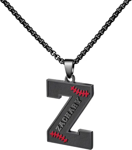 Vista 77 de Ldurian Collar personalizado con nombre de béisbol, cadena negra de acero inoxidable, collar con nombre deportivo, letra A-Z de 24 pulgadas, regalos