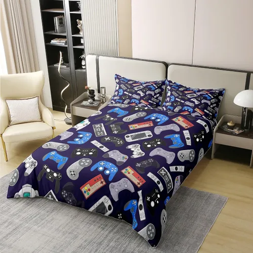 Vista 2 de Erosebridal Juego de funda de edredón 100% algodón con estampado de consola de videojuegos tamaño King, funda de edredón moderna para niños, Multi 05