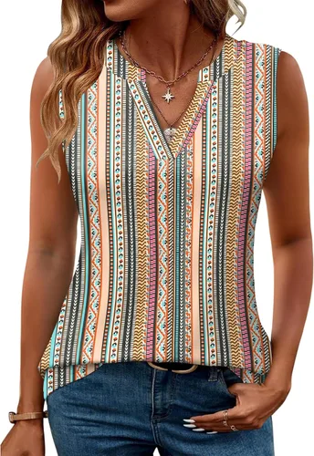 Vista 40 de Romanstii Camisas sin mangas para mujer, estilo casual, de verano, cuello en V, blusas elegantes, túnica