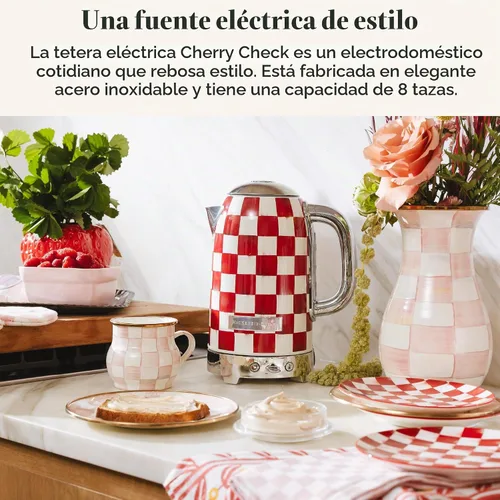 Vista 2 de MACKENZIE-CHILDS Hervidor eléctrico, tetera de acero inoxidable, cuadros de cereza roja y blanca