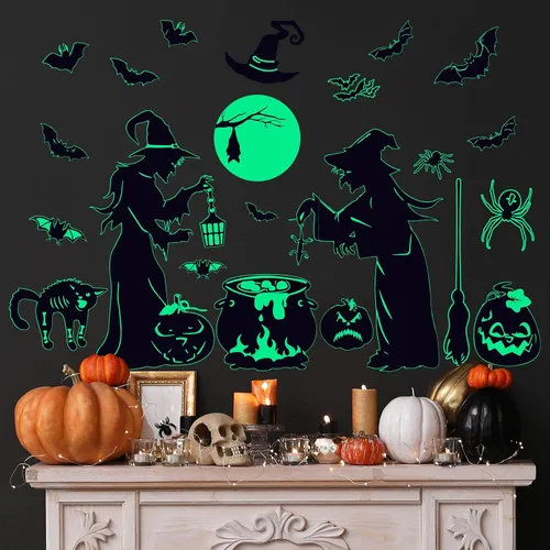 Vista 5 de AnyDesign 2 hojas de calcomanías de pared de bruja de Halloween que brillan en la oscuridad, bruja, murciélago, calabaza, araña, calcomanías