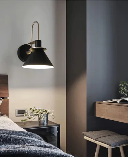 Vista 6 de Apliques de pared modernos con forma de cono de metal, kit de farol de pared para mesita de noche, lámpara de montaje en pared, aplique de 1 luz