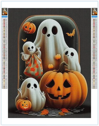 Vista 2 de Champi Kits de pintura de diamantes de Halloween para adultos, lindos kits de arte de diamantes de calabaza fantasma para adultos, kits de arte
