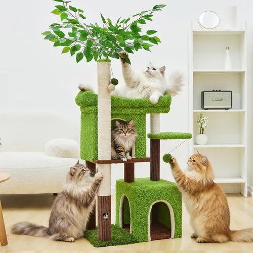 Vista 6 de Woochpet Árbol para gatos de 60 pulgadas con poste rascador para gatos en forma de árbol con 2 casas grandes para gatos y cama de percha superior