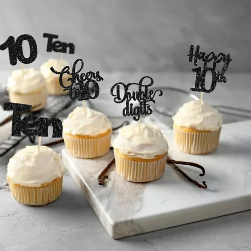 Vista 4 de Paquete de 30 adornos para cupcakes con purpurina de doble dígito para cumpleaños de 10 años, para cumpleaños, aniversario, fiesta, suministros