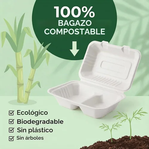 Vista 5 de Elsjoy Paquete de 90 recipientes para llevar con 2 compartimentos, contenedores de alimentos compostables con bisagras de 9 x 6 pulgadas, cajas