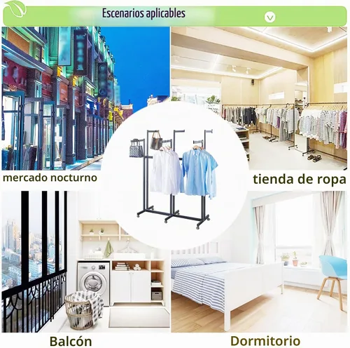 Vista 6 de Perchero de pie de metal para ropa - Estantes de exhibición resistentes para uso comercial con ruedas, perchero de ropa de 6 brazos, perchas