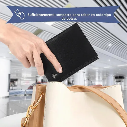 Vista 5 de Billetera de piloto para pasaporte para viajes, bloqueo RFID, soporte de documentos de viaje de cuero genuino con caja de regalo, cartera