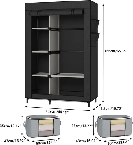 Vista 9 de Calmootey Armario portátil, armario con 6 estantes y barra para colgar, organizador de almacenamiento para dormitorio, funda de tela no tejida con 4