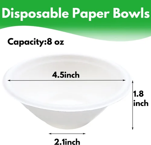 Vista 8 de Haawooky Paquete de 100 cuencos de papel desechables blancos, 8 onzas, compostables naturales, cuencos biodegradables de papel ecológico