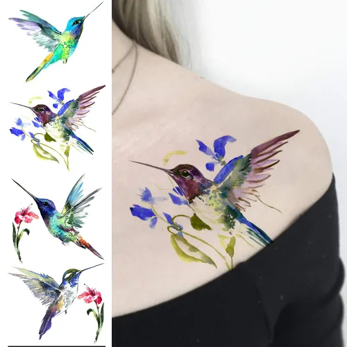 Vista 9 de 15 hojas de tatuajes temporales de colibrí de acuarela 3D de FANRUI para mujeres y niñas, pequeño, multicolor, colibrí, tatuaje, temporal, colorido