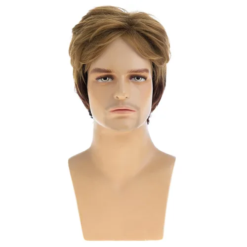 Vista 2 de Peluca marrón corta en capas para hombres, peluca sintética resistente al calor Cosplay pelo Café combinado