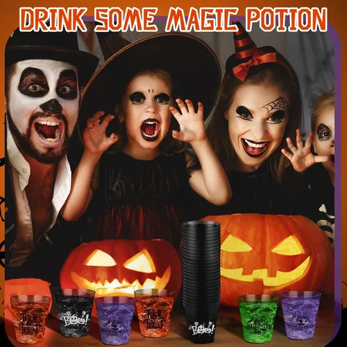 Vista 5 de Sunnyray 48 vasos de chupito de plástico para Halloween a granel de 2 onzas de plástico duro transparente, vasos desechables coloridos de sabor