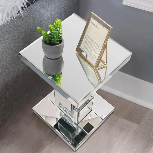 Vista 5 de Mesa auxiliar plateada con incrustaciones de cristal, mesa auxiliar moderna, mesa auxiliar cuadrada pequeña para sala de estar, dormitorio