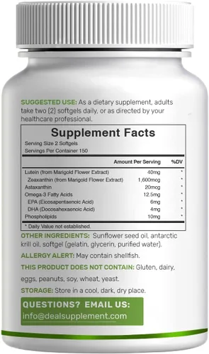Vista 6 de DEAL SUPPLEMENT Suplementos de luteína y zeaxantina, 40 mg por porción, 300 cápsulas blandas