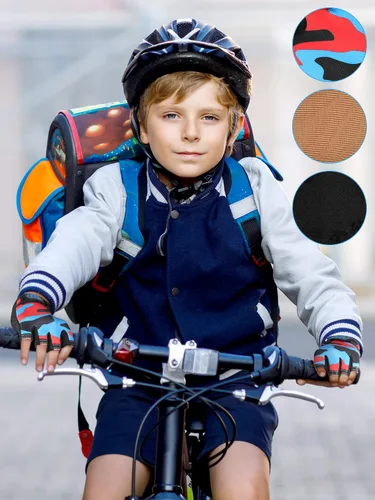 Vista 2 de Boao 3 pares de guantes de medio dedo para niños guantes de deporte antideslizantes de gel para niños Ciclismo de montar en bicicleta, azul, gris