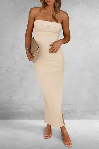 Vista 7 de PRETTYGARDEN Vestido largo de tubo ajustado de verano para mujer, sin tirantes, abertura lateral, largo, elegante, para cóctel, fiesta, boda