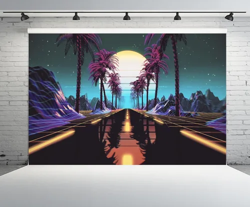 Vista 2 de 5x3ft Retro Futuristic 80s Backdrop Retrowave Neon Lights Road Tropical Trees Mountain Sun Starry Sky Background Cyberpunk Video Game Punk Birthday