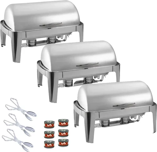 Vista 9 de TigerChef - Juego de platos de bufé de acero inoxidable con tapa enrollable, juego de calentador de bufé con 2 pinzas de gel combustible y plástico