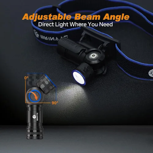 Vista 3 de Brinyte HL16 Linterna frontal LED recargable, linterna EDC ajustable de 0-90°, faro de 520 lúmenes con base magnética y carga, luz impermeable IP66