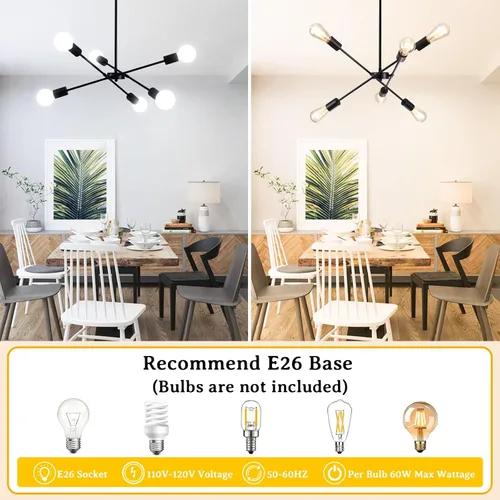 Vista 7 de Candelabros Sputnik - Moderna lámpara de techo Sputnik de 6 luces para sala de estar - Lámpara Sputnik industrial negra para comedor, dormitorio